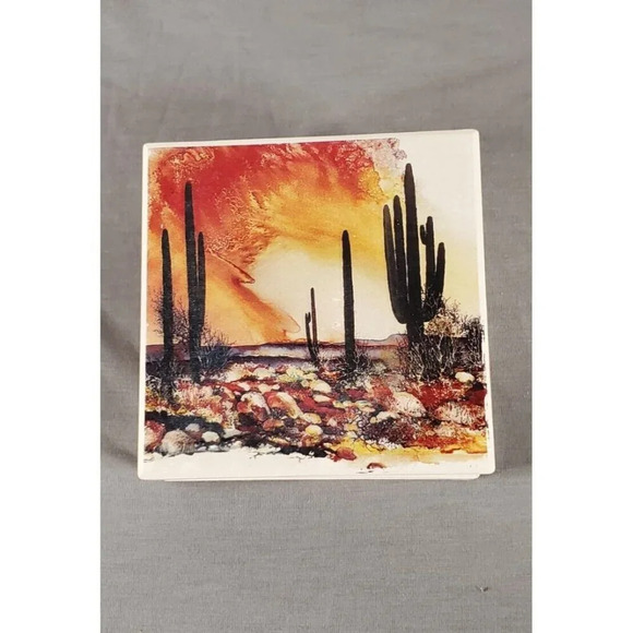 Highland Graphics Tile Coaster AbsorbaStone 6 Piece Southwest Cactus Saguaro - Picture 1 of 4